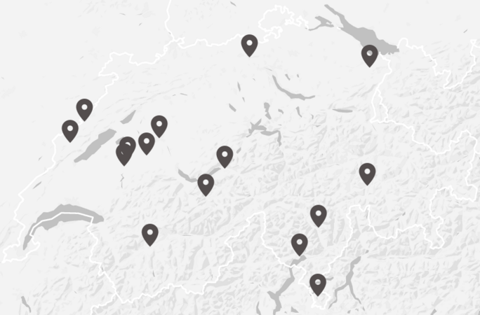 Lokalisierung der Fallstudien Schweizer Karte mit Lokalisierung der Fallstudien des Projekts Climate Resilient Cultural Heritage